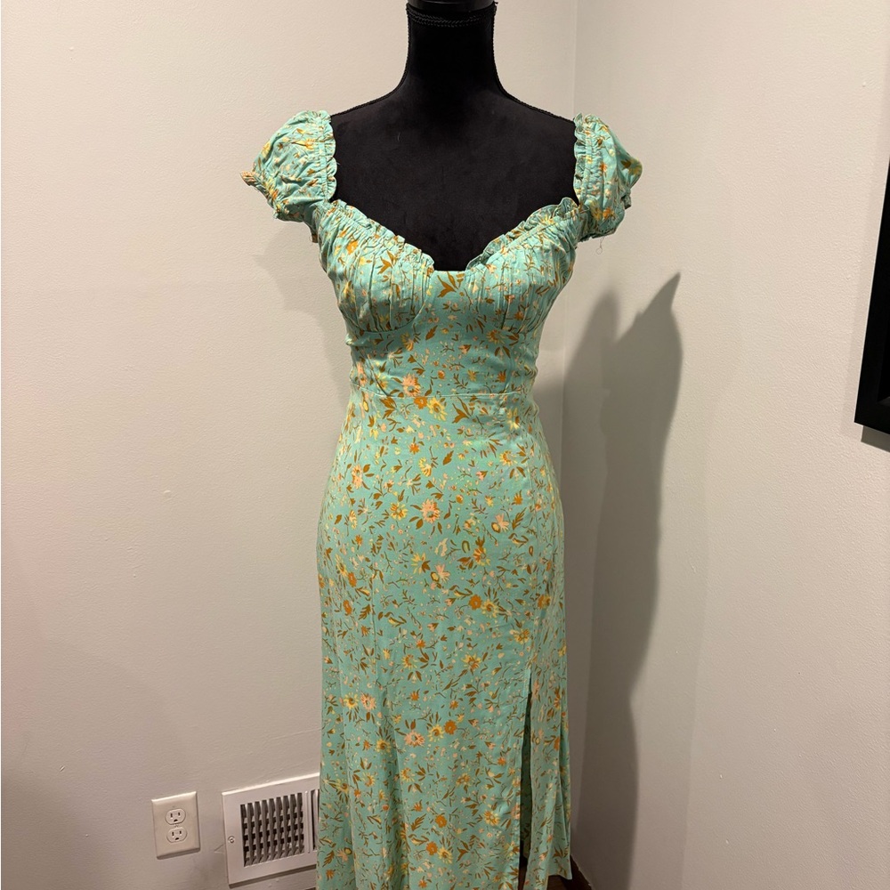 Women’s Mint Green Floral Maxi Dress with Puff Sleeves